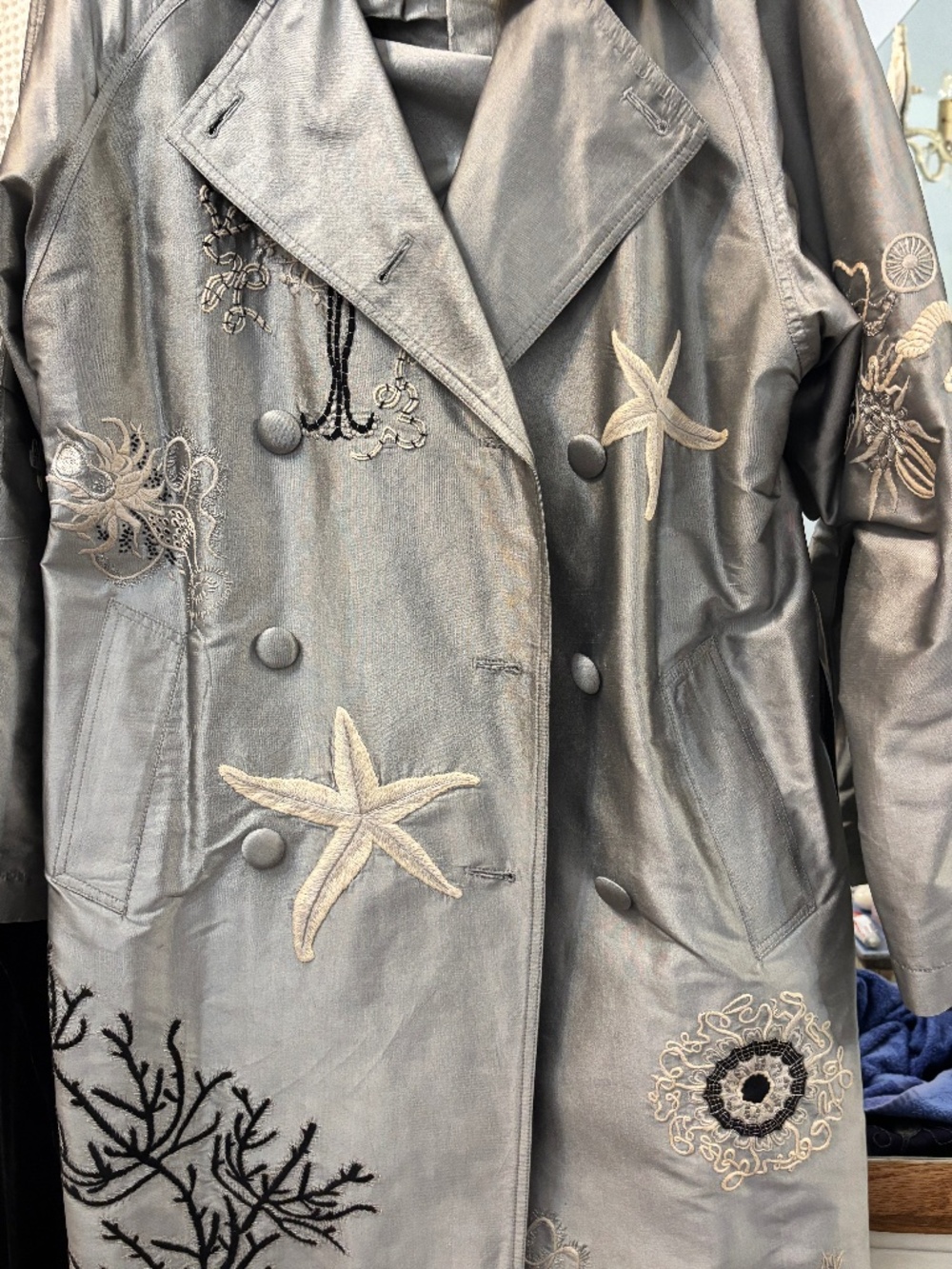 NWT Muriel brandolini silver grey silk embroidered trench coat
